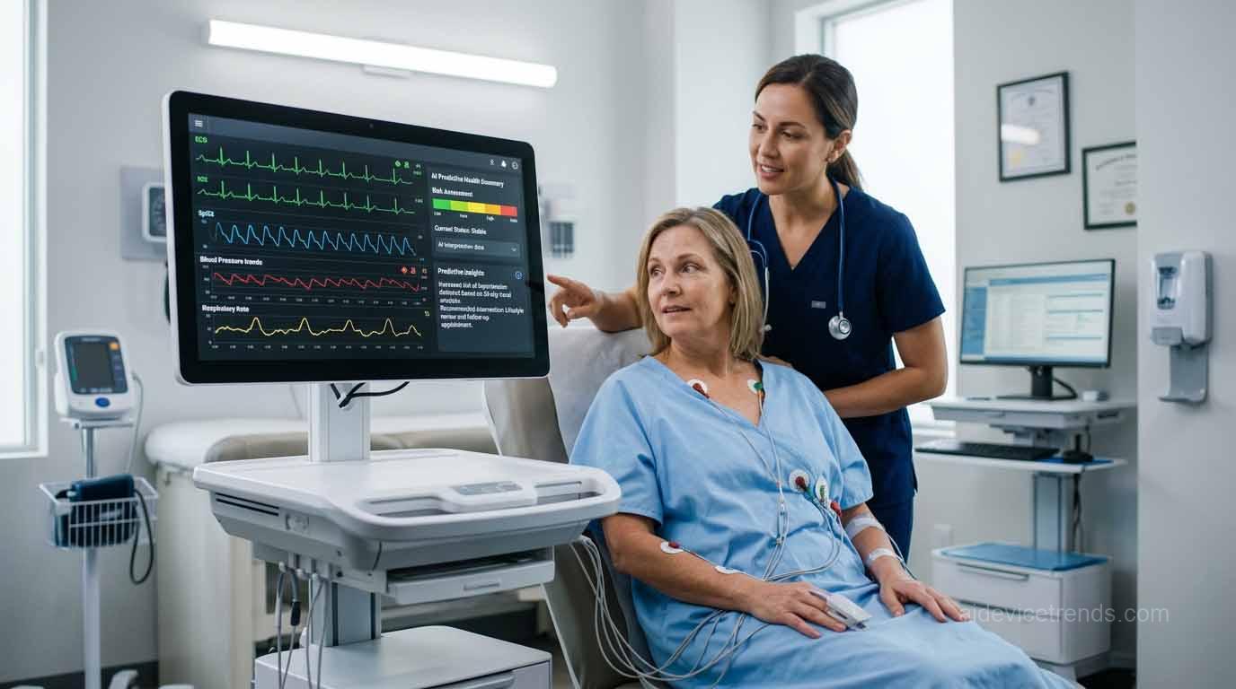 A screen displays a woman’s vital signs in a doctor’s office A screen displays a woman's vital signs in a doctor's office