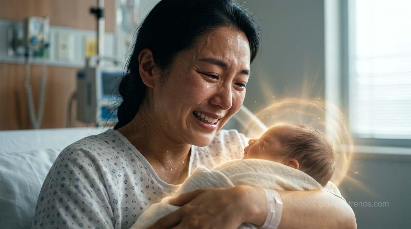 A woman holds her newborn baby in her arms A woman holds her newborn baby in her arms