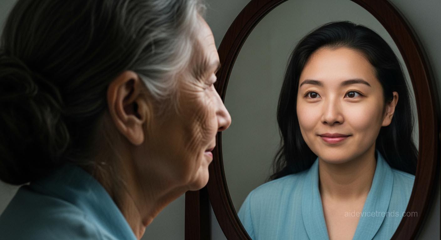 A woman sees herself looking younger in the mirror