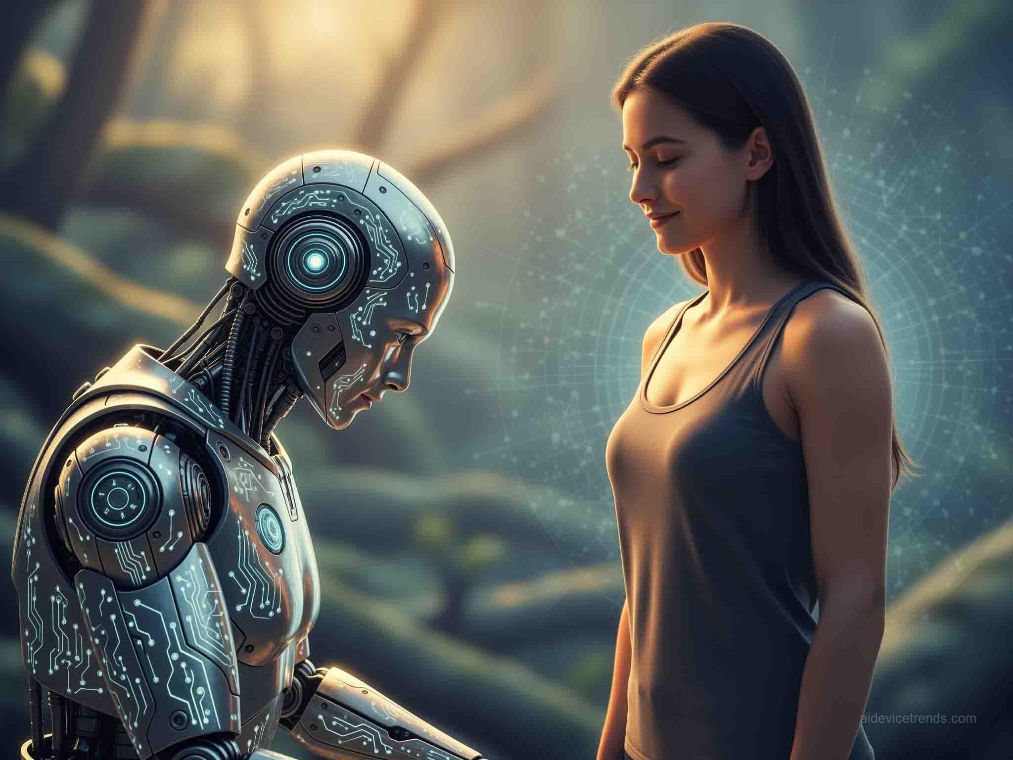 AI robot and young woman in a friendly relationship