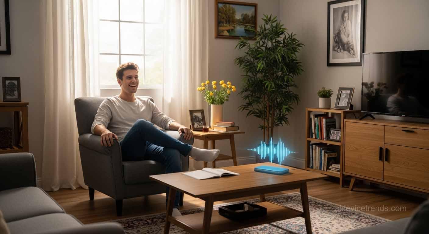 Happy man in his living room