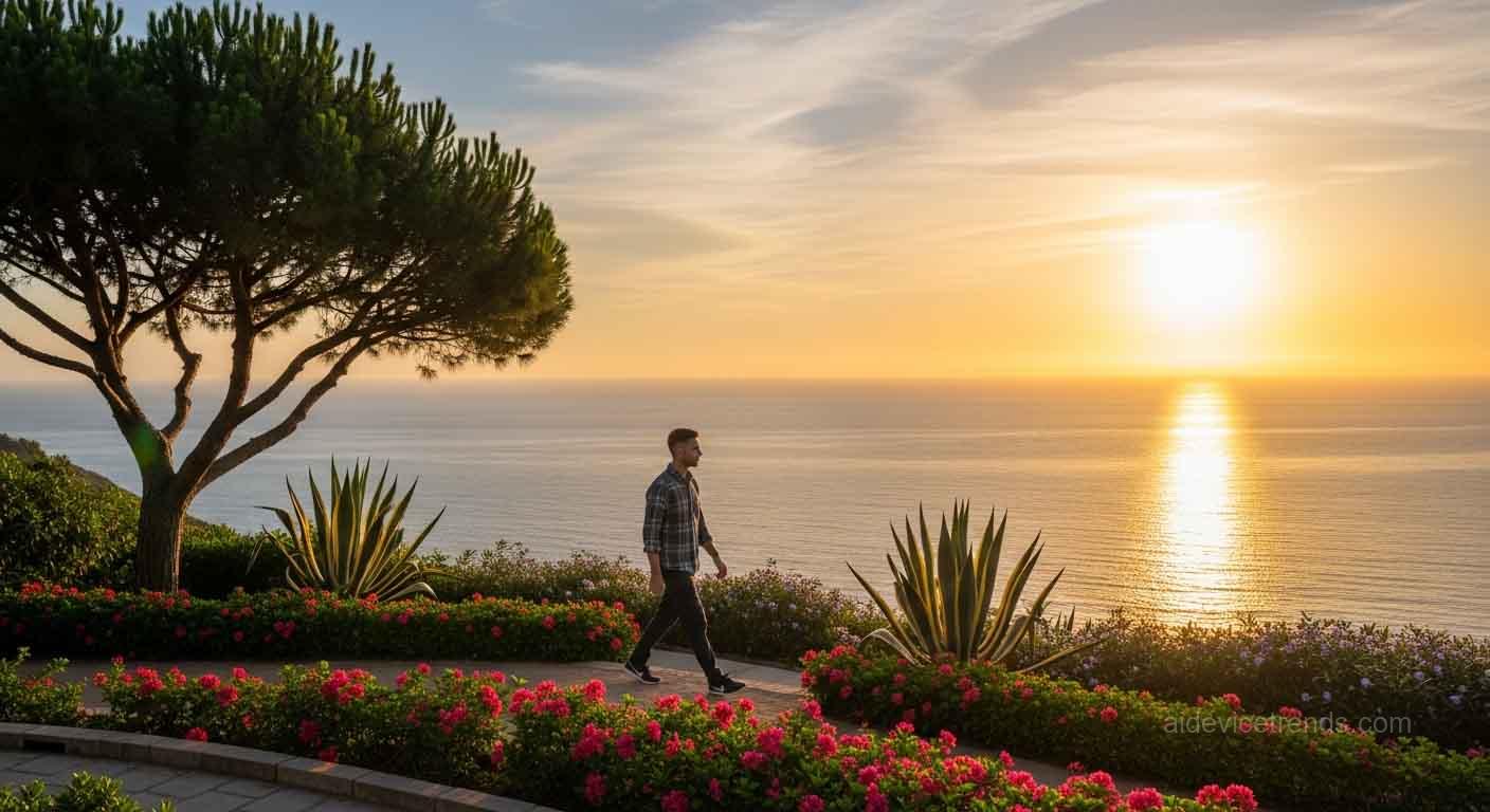 Man walks in a park at sunset