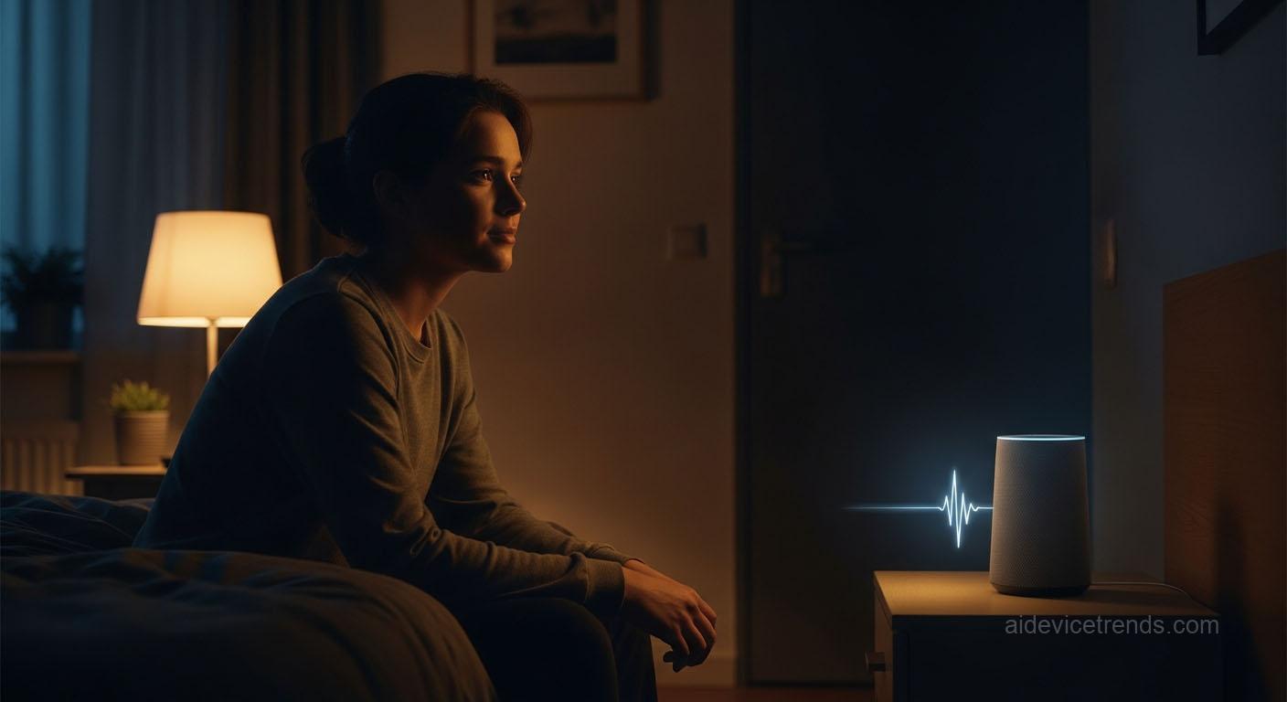 Woman speaks to AI through a speakerphone Woman speaks to AI through a speakerphone