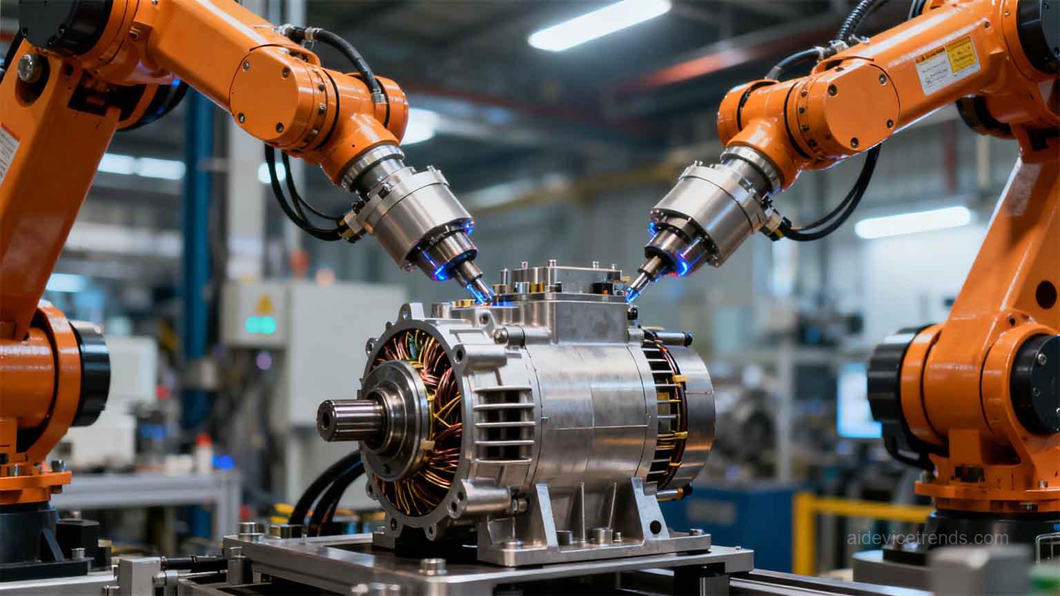 robotic arms assembling an engine