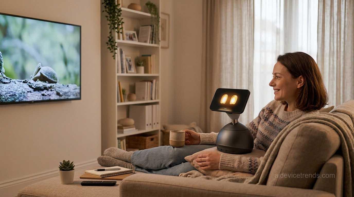 woman and robot pet watching TV